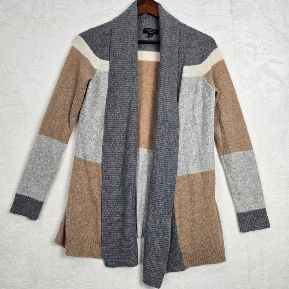 Charter‎ Club Luxury 100% Cashmere Colorblock Open Front Cardigan Grey Tan S